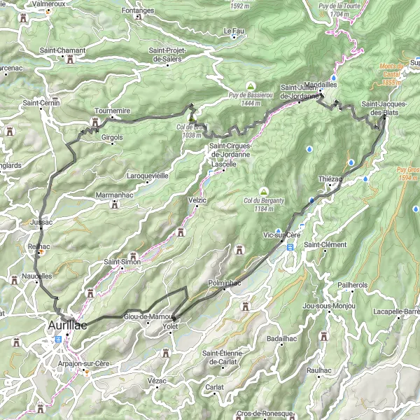 Map miniature of "Journey Through the Landes du Cantal" cycling inspiration in Auvergne, France. Generated by Tarmacs.app cycling route planner