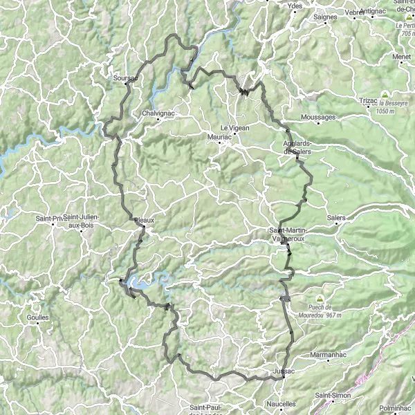 Map miniature of "Climbing Challenge in Cantal" cycling inspiration in Auvergne, France. Generated by Tarmacs.app cycling route planner