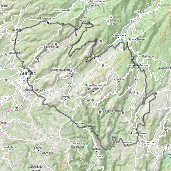 Miniature de la carte de l'inspiration cycliste "Les Monts du Cantal en Boucle" dans la Auvergne, France. Générée par le planificateur d'itinéraire cycliste Tarmacs.app