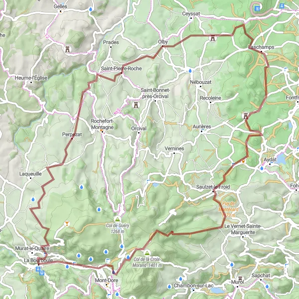 Miniature de la carte de l'inspiration cycliste "Exploration des Monts Dore" dans la Auvergne, France. Générée par le planificateur d'itinéraire cycliste Tarmacs.app