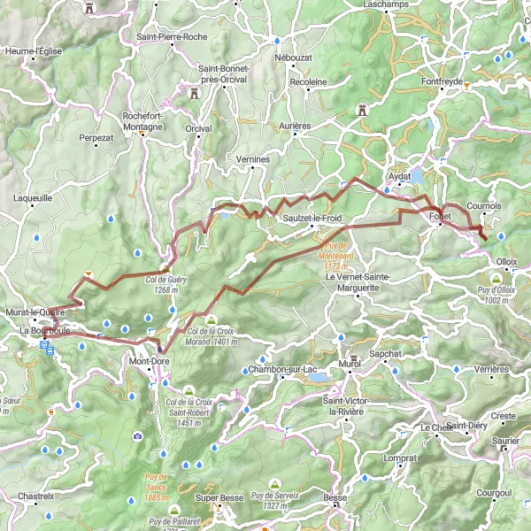 Map miniature of "Exploring the Volcanoes" cycling inspiration in Auvergne, France. Generated by Tarmacs.app cycling route planner