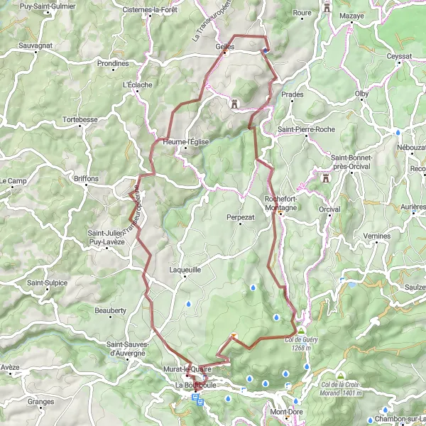 Map miniature of "Gravel Route through La Bourboule" cycling inspiration in Auvergne, France. Generated by Tarmacs.app cycling route planner