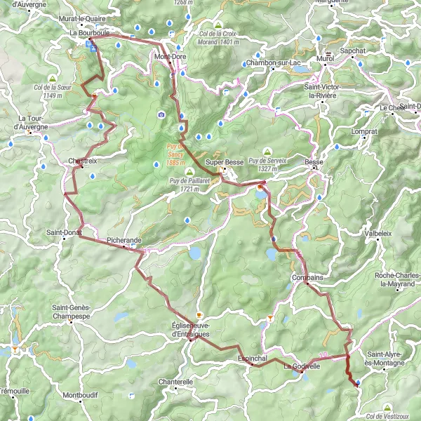 Map miniature of "Puy de Sancy Gravel Challenge" cycling inspiration in Auvergne, France. Generated by Tarmacs.app cycling route planner