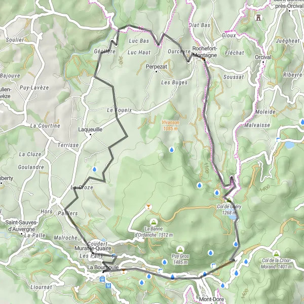 Miniature de la carte de l'inspiration cycliste "Boucle de Rochefort-Montagne" dans la Auvergne, France. Générée par le planificateur d'itinéraire cycliste Tarmacs.app