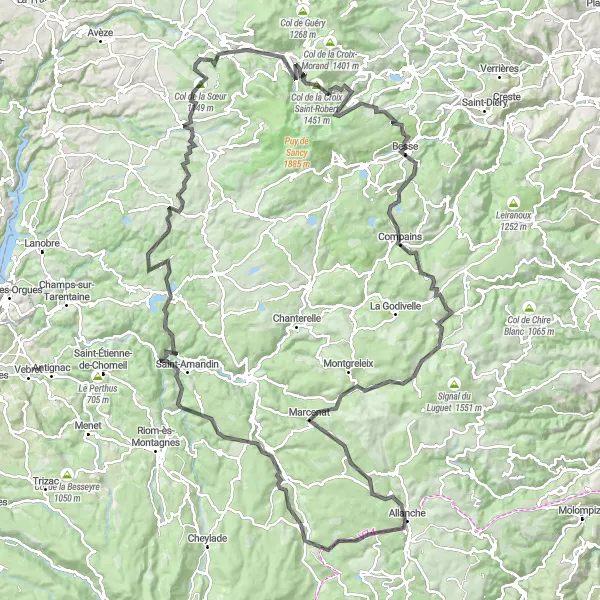 Map miniature of "Road Cycling Adventure near La Bourboule" cycling inspiration in Auvergne, France. Generated by Tarmacs.app cycling route planner