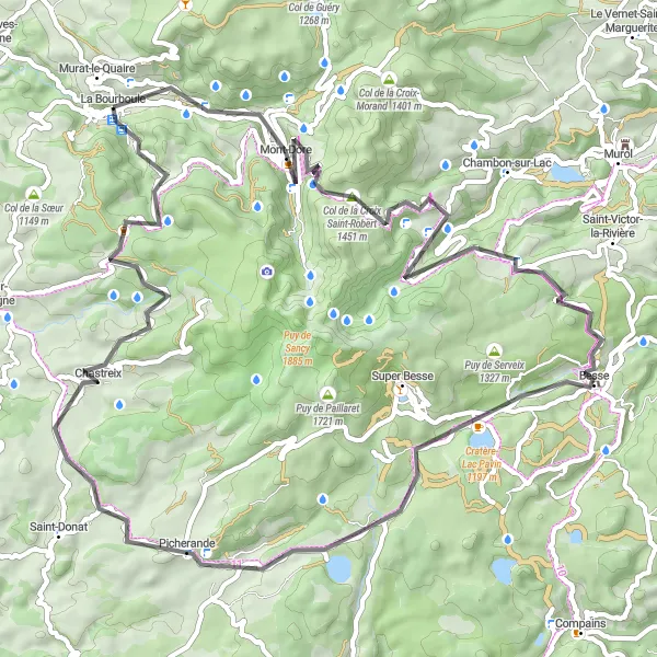 Miniature de la carte de l'inspiration cycliste "Tour des Volcans" dans la Auvergne, France. Générée par le planificateur d'itinéraire cycliste Tarmacs.app