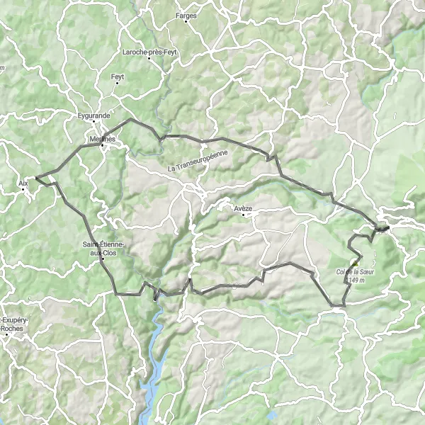 Map miniature of "The Volcanic Circuit" cycling inspiration in Auvergne, France. Generated by Tarmacs.app cycling route planner