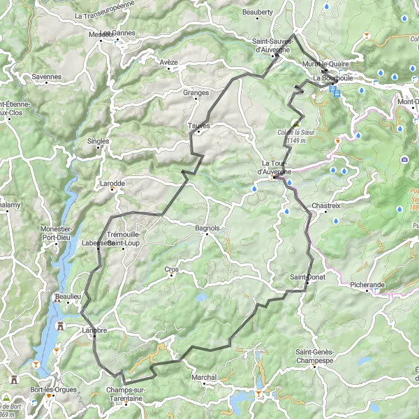 Miniature de la carte de l'inspiration cycliste "Le Tour du Massif du Sancy" dans la Auvergne, France. Générée par le planificateur d'itinéraire cycliste Tarmacs.app