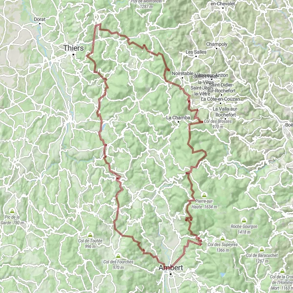 Miniature de la carte de l'inspiration cycliste "Tour des Monts d'Auvergne" dans la Auvergne, France. Générée par le planificateur d'itinéraire cycliste Tarmacs.app