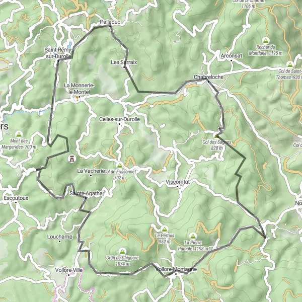 Miniature de la carte de l'inspiration cycliste "Boucle des Châteaux" dans la Auvergne, France. Générée par le planificateur d'itinéraire cycliste Tarmacs.app