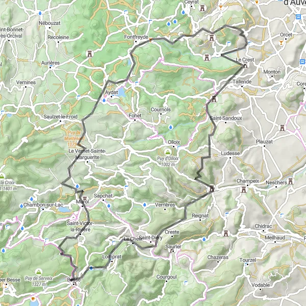 Map miniature of "Climbing Challenge to Puy de Montredon" cycling inspiration in Auvergne, France. Generated by Tarmacs.app cycling route planner