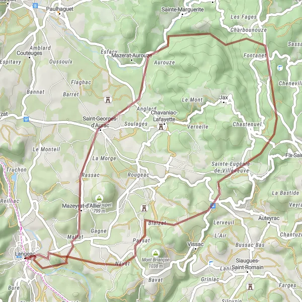 Miniature de la carte de l'inspiration cycliste "Aventure en gravel autour de Langeac" dans la Auvergne, France. Générée par le planificateur d'itinéraire cycliste Tarmacs.app