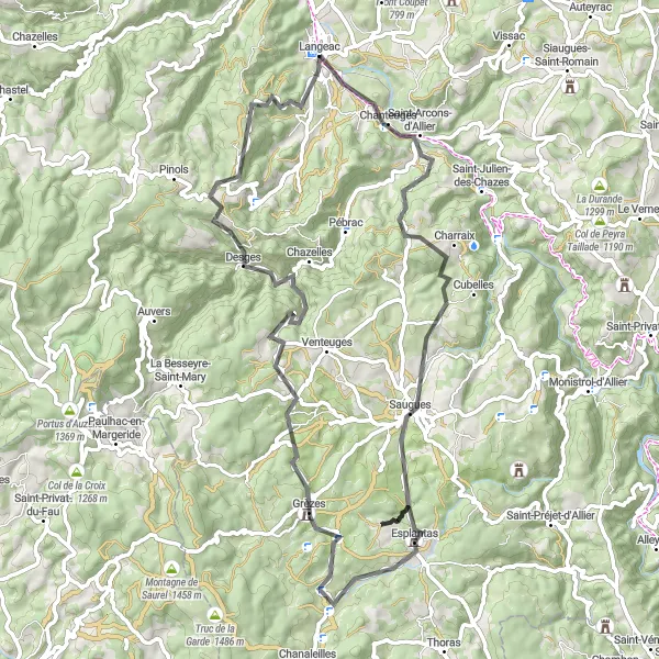 Miniature de la carte de l'inspiration cycliste "Parcours pittoresque de Langeac" dans la Auvergne, France. Générée par le planificateur d'itinéraire cycliste Tarmacs.app