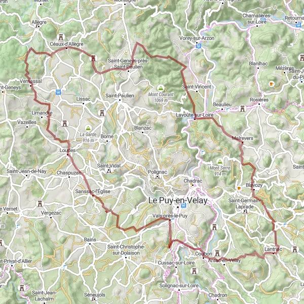 Miniature de la carte de l'inspiration cycliste "Parcours des Terres Blanches" dans la Auvergne, France. Générée par le planificateur d'itinéraire cycliste Tarmacs.app