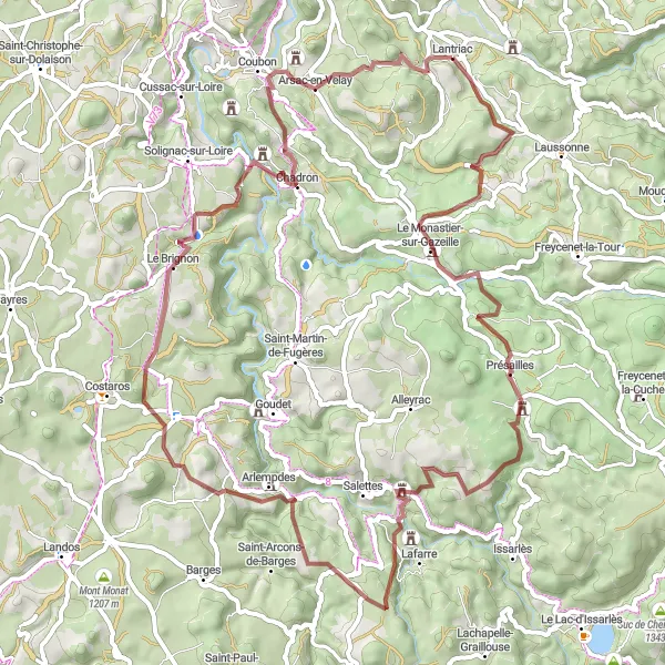Miniature de la carte de l'inspiration cycliste "Les panoramas sauvages de Lantriac" dans la Auvergne, France. Générée par le planificateur d'itinéraire cycliste Tarmacs.app