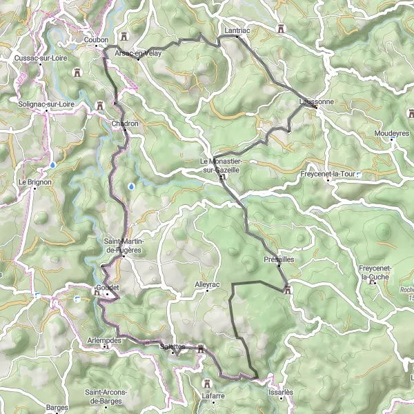 Miniature de la carte de l'inspiration cycliste "Boucle des Suc de l'Emblavez" dans la Auvergne, France. Générée par le planificateur d'itinéraire cycliste Tarmacs.app