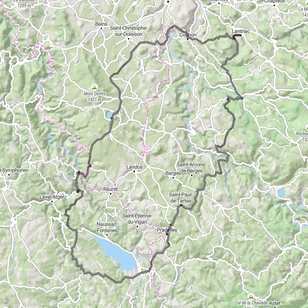 Map miniature of "Countryside Adventure" cycling inspiration in Auvergne, France. Generated by Tarmacs.app cycling route planner