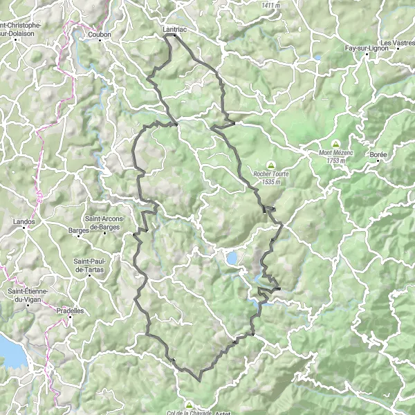 Map miniature of "Exploring the Highlands" cycling inspiration in Auvergne, France. Generated by Tarmacs.app cycling route planner