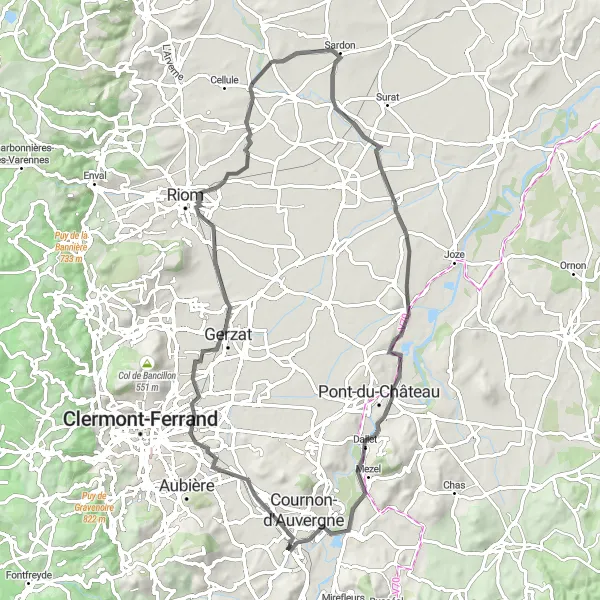 Miniature de la carte de l'inspiration cycliste "Les Charmes de l'Auvergne en 73km" dans la Auvergne, France. Générée par le planificateur d'itinéraire cycliste Tarmacs.app