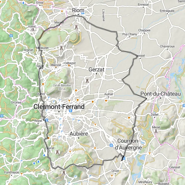 Map miniature of "Royat Escape" cycling inspiration in Auvergne, France. Generated by Tarmacs.app cycling route planner