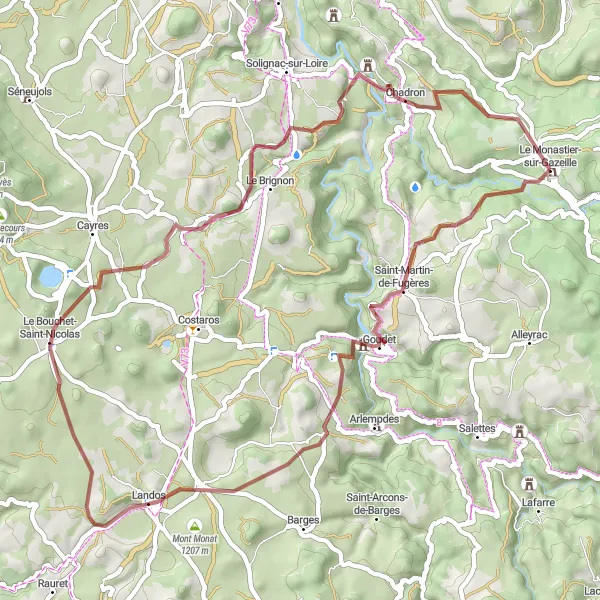 Map miniature of "Gravel Adventure of Le Monastier" cycling inspiration in Auvergne, France. Generated by Tarmacs.app cycling route planner