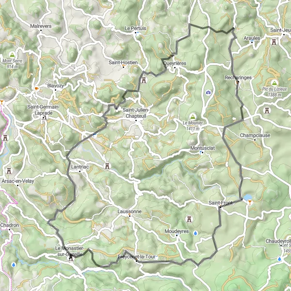 Map miniature of "Between Hills and Valleys" cycling inspiration in Auvergne, France. Generated by Tarmacs.app cycling route planner