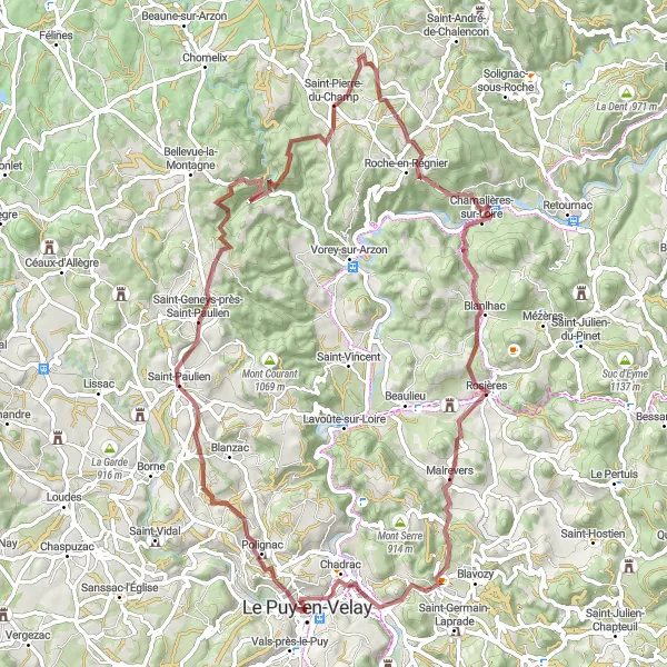 Miniature de la carte de l'inspiration cycliste "Les Montagnes du Velay" dans la Auvergne, France. Générée par le planificateur d'itinéraire cycliste Tarmacs.app