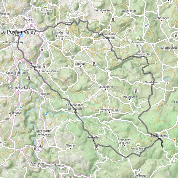Miniature de la carte de l'inspiration cycliste "Les Monts du Velay en Route" dans la Auvergne, France. Générée par le planificateur d'itinéraire cycliste Tarmacs.app