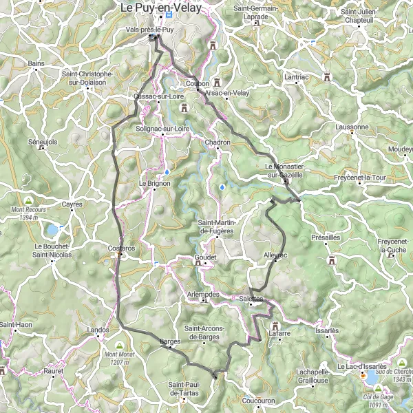 Miniature de la carte de l'inspiration cycliste "Les sentiers sauvages de l'Auvergne" dans la Auvergne, France. Générée par le planificateur d'itinéraire cycliste Tarmacs.app