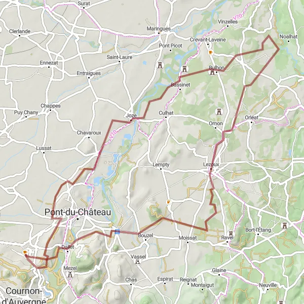 Map miniature of "Gravel Adventure to Lezoux" cycling inspiration in Auvergne, France. Generated by Tarmacs.app cycling route planner
