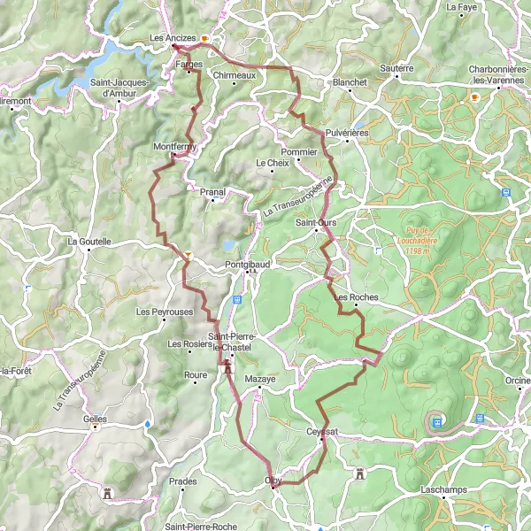 Map miniature of "Gravel Exploration to Olby" cycling inspiration in Auvergne, France. Generated by Tarmacs.app cycling route planner