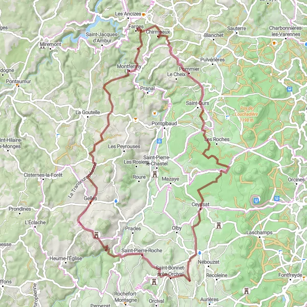 Map miniature of "N°291998 - Gravel Adventure" cycling inspiration in Auvergne, France. Generated by Tarmacs.app cycling route planner