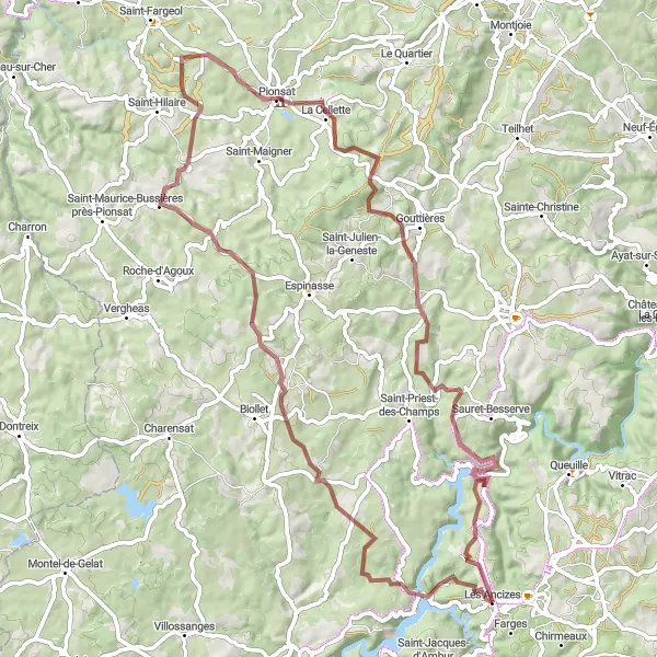 Map miniature of "Gravel Adventure near Les Ancizes" cycling inspiration in Auvergne, France. Generated by Tarmacs.app cycling route planner