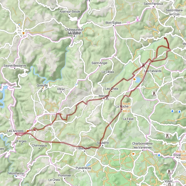 Map miniature of "N°292024 - Gravel Escapade" cycling inspiration in Auvergne, France. Generated by Tarmacs.app cycling route planner