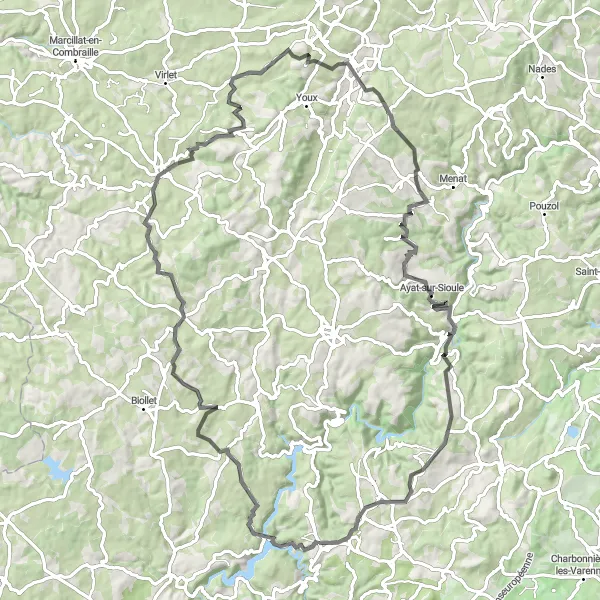 Map miniature of "Road Cycling Adventure to Ayat-sur-Sioule" cycling inspiration in Auvergne, France. Generated by Tarmacs.app cycling route planner