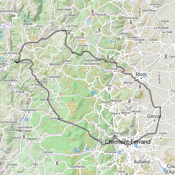 Map miniature of "N°291999 - Volcanoes and Scenic Routes" cycling inspiration in Auvergne, France. Generated by Tarmacs.app cycling route planner