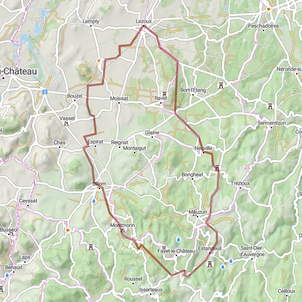 Map miniature of "The Billom Gravel Challenge" cycling inspiration in Auvergne, France. Generated by Tarmacs.app cycling route planner