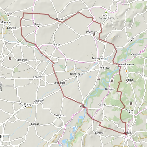 Map miniature of "Mysteries of Martres-sur-Morge" cycling inspiration in Auvergne, France. Generated by Tarmacs.app cycling route planner