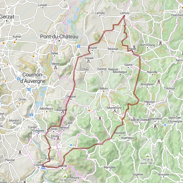 Map miniature of "Explore the Hills of Égliseneuve-près-Billom" cycling inspiration in Auvergne, France. Generated by Tarmacs.app cycling route planner