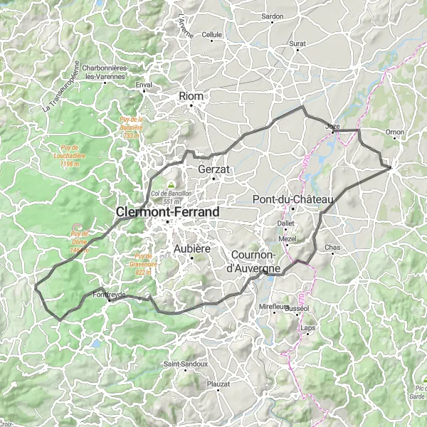 Map miniature of "Chauriat Challenge" cycling inspiration in Auvergne, France. Generated by Tarmacs.app cycling route planner