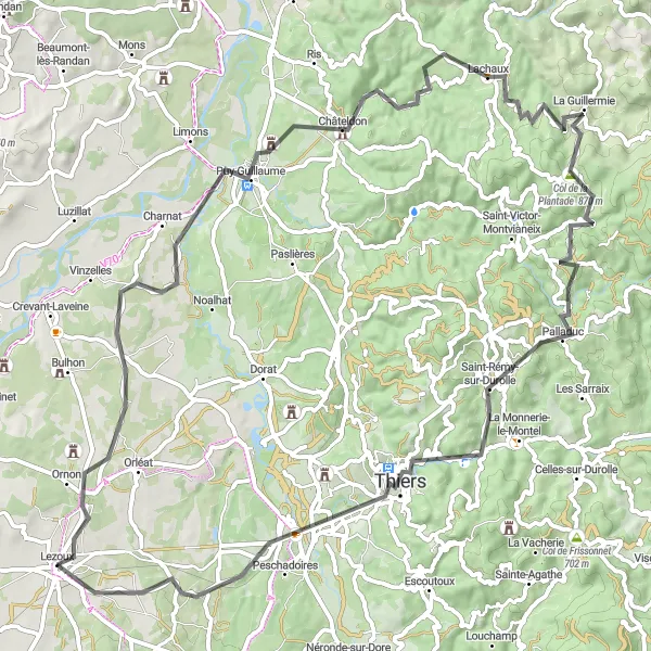 Map miniature of "The Thrills of Châteldon" cycling inspiration in Auvergne, France. Generated by Tarmacs.app cycling route planner