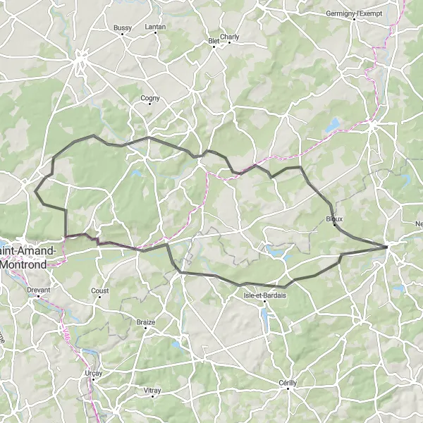 Map miniature of "Exploring the Countryside" cycling inspiration in Auvergne, France. Generated by Tarmacs.app cycling route planner