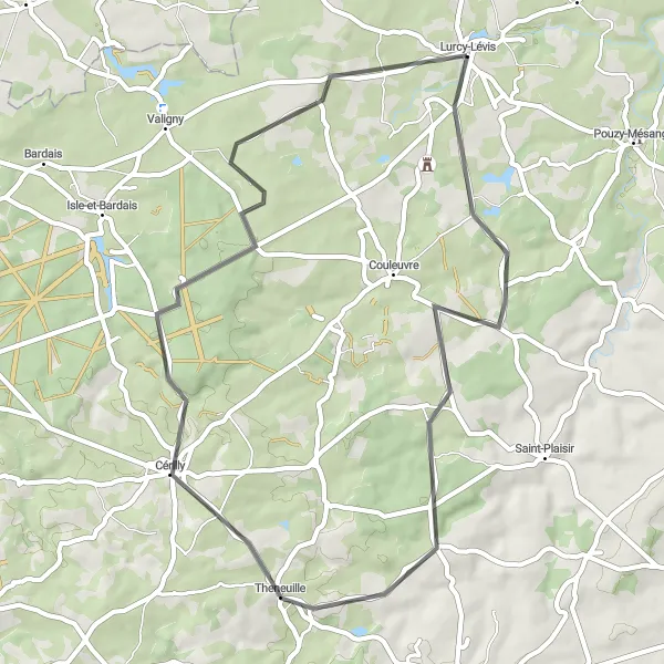 Miniature de la carte de l'inspiration cycliste "Itinéraire cycliste de 51 km autour de Lurcy-Lévis" dans la Auvergne, France. Générée par le planificateur d'itinéraire cycliste Tarmacs.app