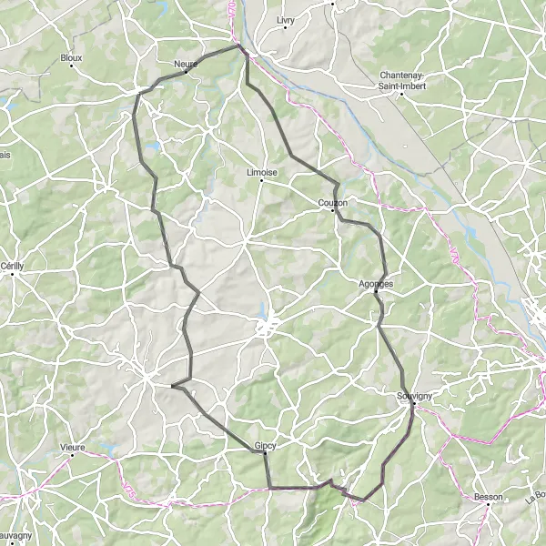 Miniature de la carte de l'inspiration cycliste "Les Collines de l'Allier" dans la Auvergne, France. Générée par le planificateur d'itinéraire cycliste Tarmacs.app