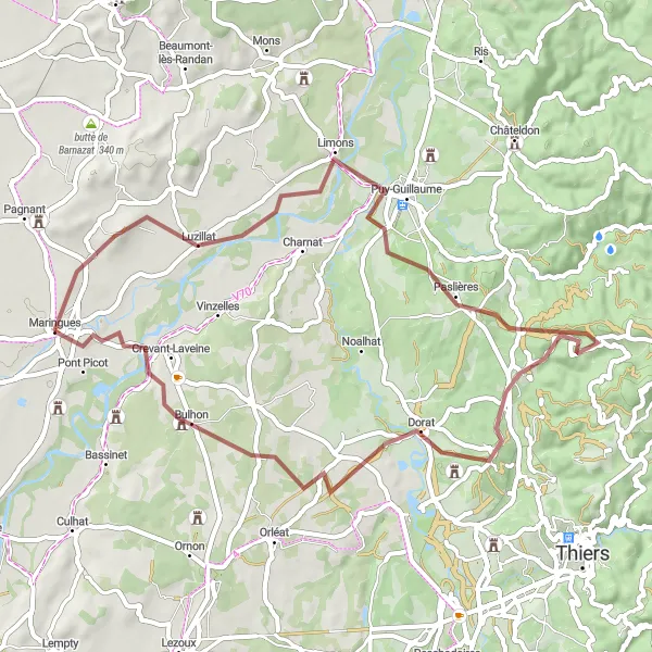 Miniature de la carte de l'inspiration cycliste "Le circuit gravel Puy-Guillaume et Château de Barante" dans la Auvergne, France. Générée par le planificateur d'itinéraire cycliste Tarmacs.app