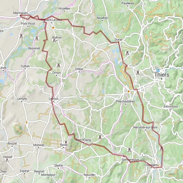 Map miniature of "Crevant-Laveine to Lezoux Gravel Cycling Route" cycling inspiration in Auvergne, France. Generated by Tarmacs.app cycling route planner