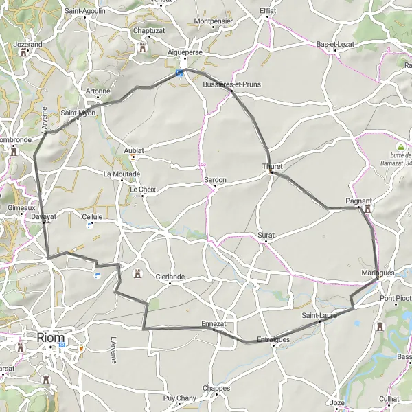Map miniature of "Ennezat to Maringues Road Cycling Route" cycling inspiration in Auvergne, France. Generated by Tarmacs.app cycling route planner