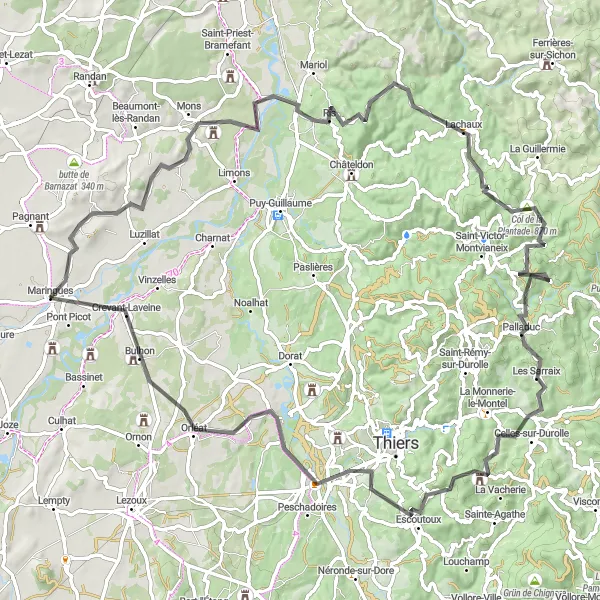 Miniature de la carte de l'inspiration cycliste "Circuit de Mons et Crevant-Laveine" dans la Auvergne, France. Générée par le planificateur d'itinéraire cycliste Tarmacs.app