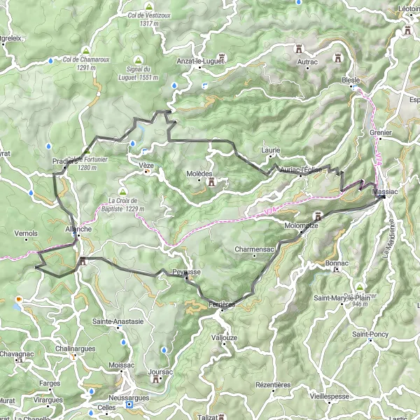 Miniature de la carte de l'inspiration cycliste "La Route des Volcans" dans la Auvergne, France. Générée par le planificateur d'itinéraire cycliste Tarmacs.app