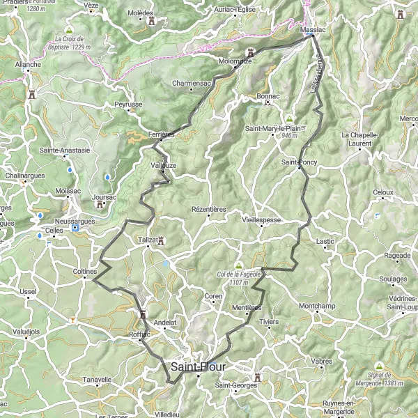 Map miniature of "Scenic Road Serenade" cycling inspiration in Auvergne, France. Generated by Tarmacs.app cycling route planner